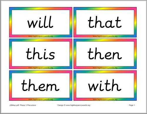 Phase 3 high frequency word cards precursive